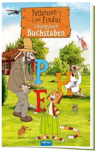 Buchcover und Innenansicht für das Buch: Trötsch Pettersson und Findus Buchstaben Übungsbuch