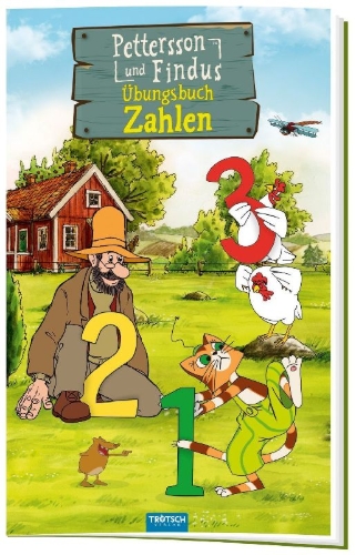 Buchcover und Innenansicht für das Buch: Trötsch Pettersson und Findus Zahlen Übungsbuch