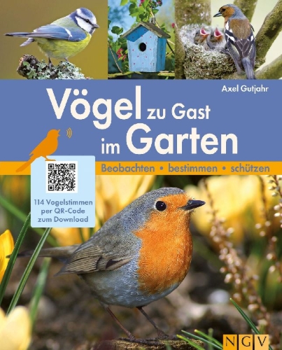 Buchcover und Innenansicht für das Buch: Vögel zu Gast im Garten - Heimische Vögel beobachten, bestimmen, schützen.