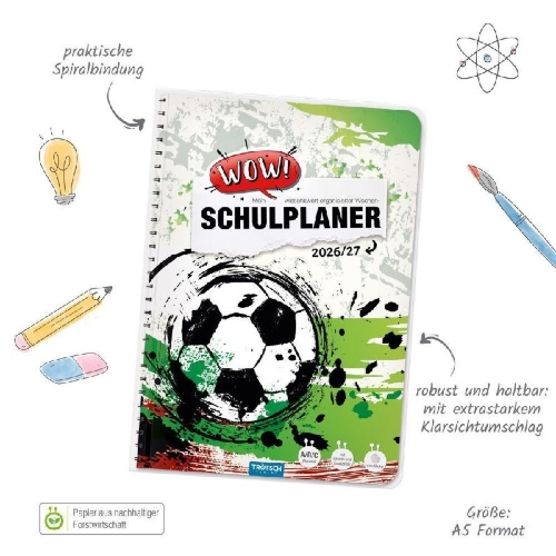 Buchcover und Innenansicht für das Buch: TRÖTSCH - Schulplaner WOW Fußball 26/27
