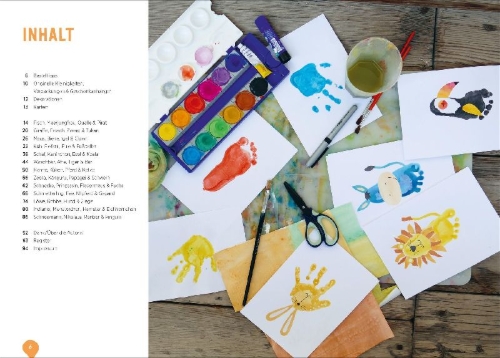 Buchcover und Innenansicht für das Buch: Kleine Hände, kleine Füße: Kunterbunte Basteleien mit Hand- und Fußabdrücken.