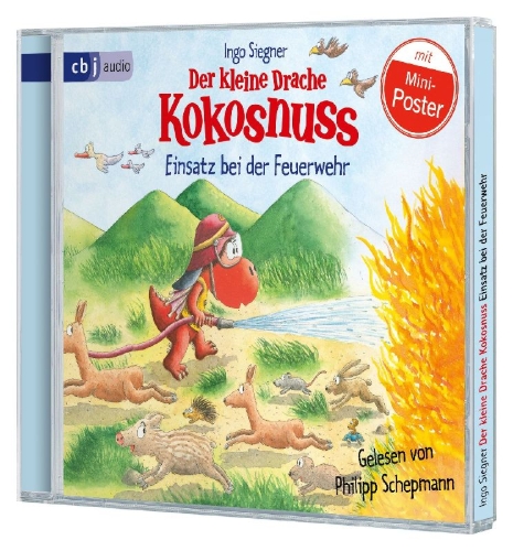 Buchcover und Innenansicht für das Buch: Der kleine Drache Kokosnuss - Einsatz bei der Feuerwehr