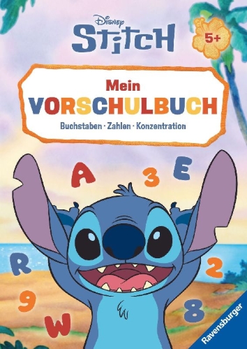 Buchcover und Innenansicht für das Buch: Disney Stitch - Mein Vorschulbuch: Buchstaben, Zahlen, Konzentration