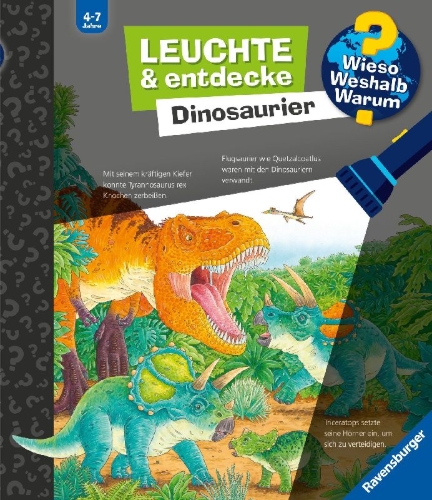 Buchcover und Innenansicht für das Buch: Wieso? Weshalb? Warum? Leuchte und entdecke: Dinosaurier (Taschenlampen-Buch mit Folien und Klappen)