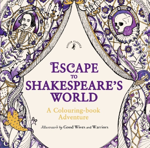 Buchcover und Innenansicht für das Buch: Escape to Shakespeare's World: A Colouring Book Adventure