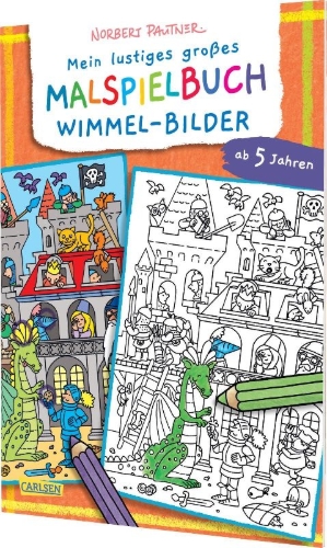 Buchcover und Innenansicht für das Buch: Mein lustiges großes Malspielbuch: Wimmel-Bilder (ab 5 Jahren)