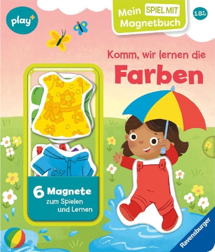 Buchcover und Innenansicht für das Buch: Play+ Mein Spiel mit-Magnetbuch Komm, wir lernen die Farben - ab 18 Monate