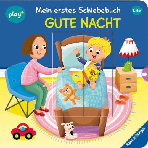 Buchcover und Innenansicht für das Buch: Play+ Mein erstes Schiebebuch Gute Nacht - ab 18 Monate