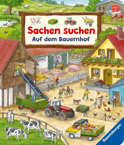 Buchcover und Innenansicht für das Buch: Sachen suchen: Auf dem Bauernhof - Wimmelbuch ab 2 Jahren