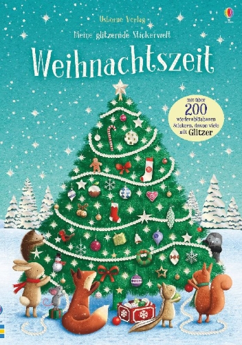Buchcover und Innenansicht für das Buch: Meine glitzernde Stickerwelt: Weihnachtszeit