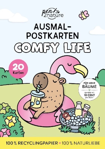 Buchcover und Innenansicht für das Buch: Comfy Life I 20 Ausmal-Postkarten