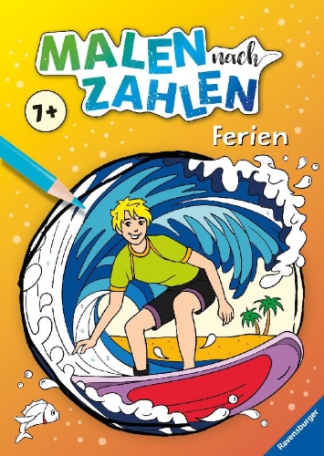 Buchcover und Innenansicht für das Buch: Ravensburger Malen nach Zahlen ab 7 Jahren Ferien - 48 Motive - Malheft für Kinder - Nummerierte Ausmalfelder