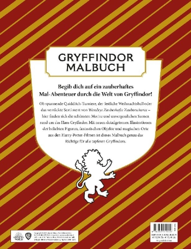 Buchcover und Innenansicht für das Buch: Aus den Filmen zu Harry Potter: Das offizielle Malbuch: Gryffindor