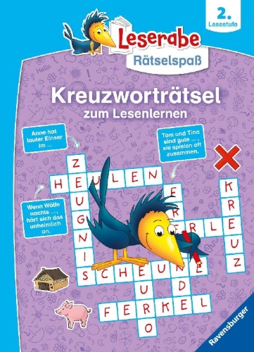 Buchcover und Innenansicht für das Buch: Ravensburger Leserabe Rätselspaß - Kreuzworträtsel zum Lesenlernen - 2. Lesestufe