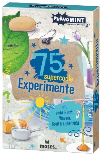 Buchcover und Innenansicht für das Buch: PhänoMINT 75 supercoole Experimente mit Licht & Luft, Wasser, Kraft & Elektrizität