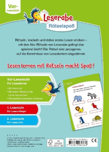 Buchcover und Innenansicht für das Buch: Ravensburger Leserabe Rätselspaß - Abc-Rätsel für Lesestarter ab 5 Jahren - Vor-Lesestufe
