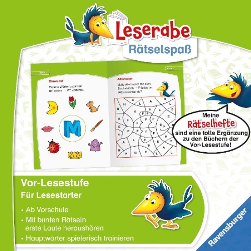 Buchcover und Innenansicht für das Buch: Ravensburger Leserabe Rätselspaß - Abc-Rätsel für Lesestarter ab 5 Jahren - Vor-Lesestufe