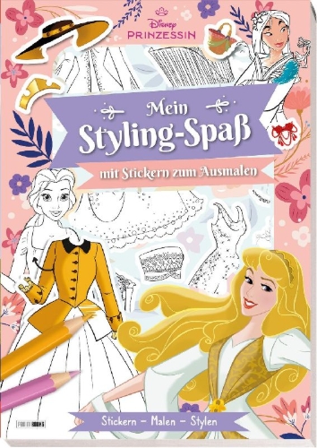 Buchcover und Innenansicht für das Buch: Disney Prinzessin: Mein Styling-Spaß mit Stickern zum Ausmalen - Stickern - Malen - Stylen