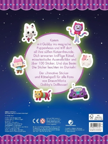 Buchcover und Innenansicht für das Buch: Gabby's Dollhouse: Der große Glow-in-the-Dark-Stickerspaß: Stickern - Rätseln - Ausmalen