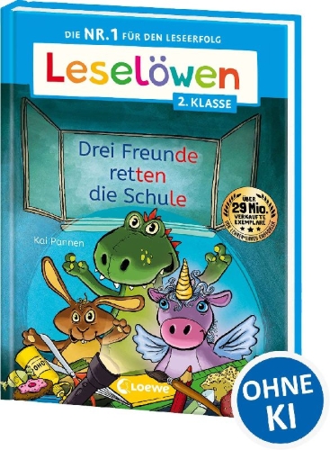 Buchcover und Innenansicht für das Buch: Leselöwen 2. Klasse - Drei Freunde retten die Schule