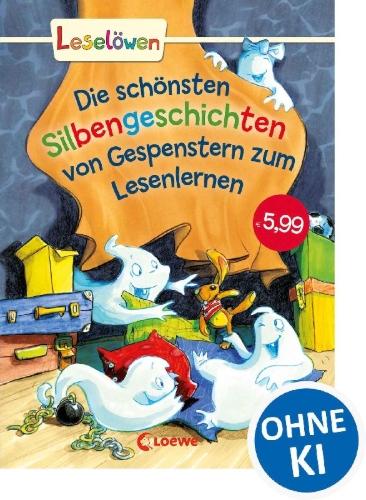 Buchcover und Innenansicht für das Buch: Leselöwen - Das Original - Die schönsten Silbengeschichten von Gespenstern zum Lesenlernen