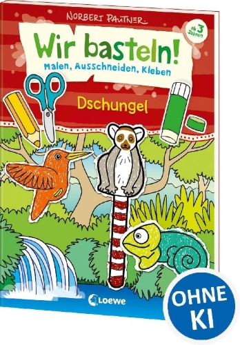 Buchcover und Innenansicht für das Buch: Wir basteln! - Malen, Ausschneiden, Kleben - Dschungel
