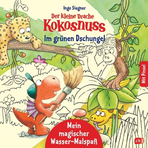 Buchcover und Innenansicht für das Buch: Der kleine Drache Kokosnuss - Mein magischer Wasser-Malspaß - Im grünen Dschungel