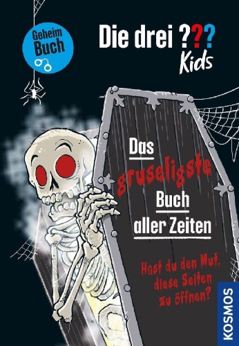 Buchcover und Innenansicht für das Buch: Die drei ??? Kids, Das gruseligste Buch aller Zeiten