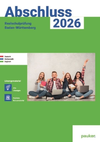 Buchcover und Innenansicht für das Buch: Abschluss 2026 - Realschulprüfung Baden-Württemberg -  Deutsch, Mathe, Englisch - Lösungsband