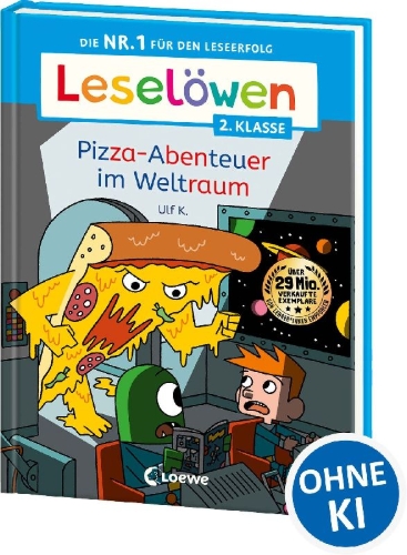 Buchcover und Innenansicht für das Buch: Leselöwen 2. Klasse - Pizza-Abenteuer im Weltraum