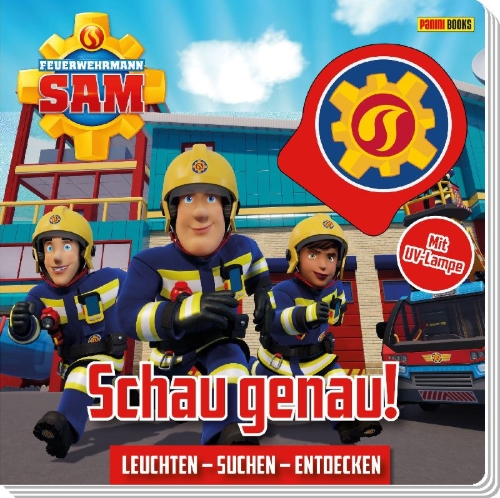 Buchcover und Innenansicht für das Buch: Feuerwehrmann Sam: Schau genau! - Leuchten - Suchen - Entdecken