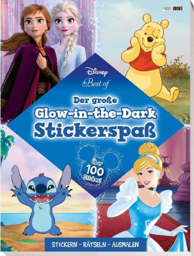 Buchcover und Innenansicht für das Buch: Disney Best of: Der große Glow-in-the-Dark-Stickerspaß: Stickern - Rätseln - Ausmalen