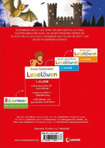 Buchcover und Innenansicht für das Buch: Leselöwen 1. Klasse - Fledermaus im Anflug (Großbuchstabenausgabe)