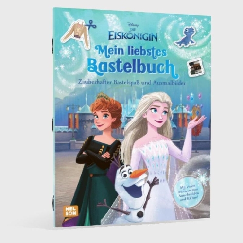 Buchcover und Innenansicht für das Buch: Disney Die Eiskönigin: Mein liebstes Bastelbuch - Zauberhafter Bastelspaß und Ausmalbilder