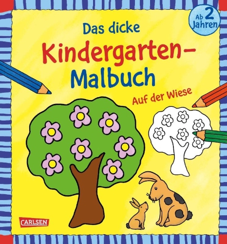 Buchcover und Innenansicht für das Buch: Ausmalbilder für Kita-Kinder: Das dicke Kindergarten-Malbuch: Auf der Wiese