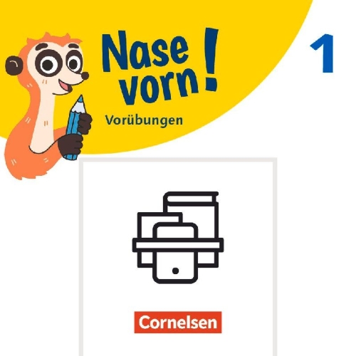 Buchcover und Innenansicht für das Buch: Nase vorn! 1. Schuljahr - Basiskompetenzen Deutsch Erstlesen und Mathe - Motorische Grundübungen und mathematische Vorübungen - 2 Übungshefte im Paket mit Lösungen