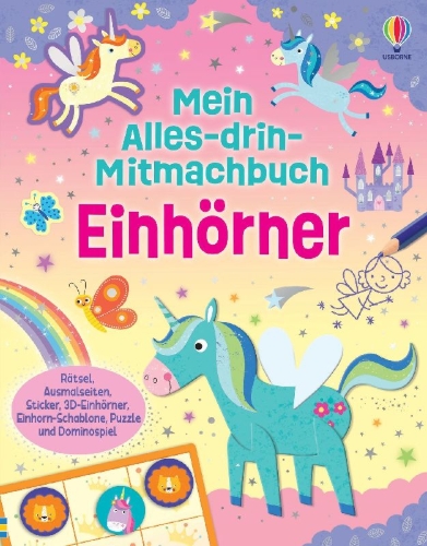 Buchcover und Innenansicht für das Buch: Mein Alles-drin-Mitmachbuch: Einhörner