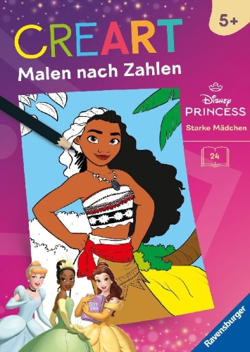 Buchcover und Innenansicht für das Buch: CreArt Malen nach Zahlen ab 5 Disney Prinzessinnen - Starke Mädchen