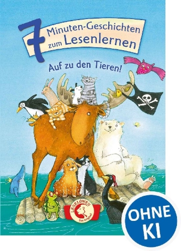 Buchcover und Innenansicht für das Buch: 7-Minuten-Geschichten zum Lesenlernen - Auf zu den Tieren!