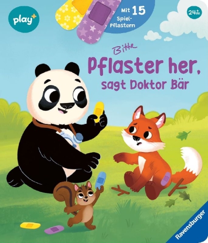 Buchcover und Innenansicht für das Buch: Play+ Mein lustiges Spielbuch Pflaster her, sagt Doktor Bär - ab 2 Jahre