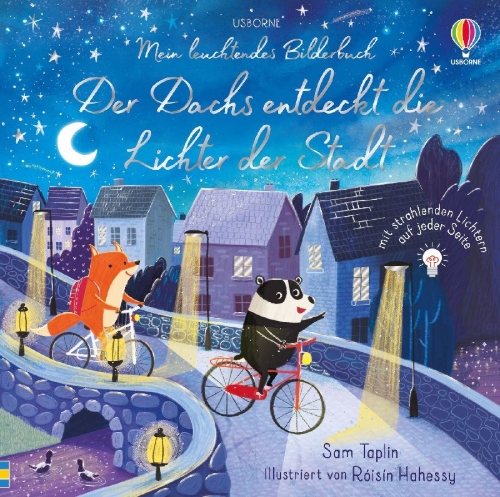 Buchcover und Innenansicht für das Buch: Mein leuchtendes Bilderbuch: Der Dachs entdeckt die Lichter der Stadt