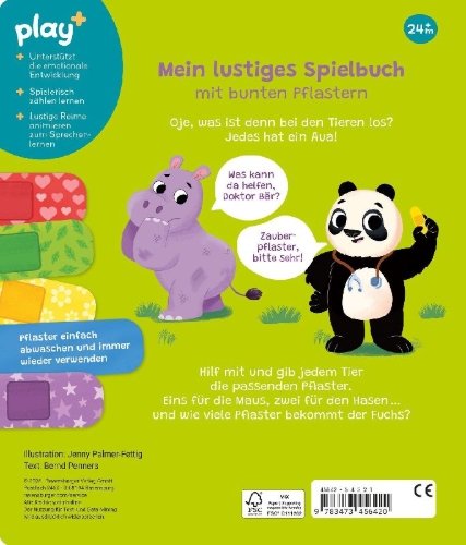 Buchcover und Innenansicht für das Buch: Play+ Mein lustiges Spielbuch Pflaster her, sagt Doktor Bär - ab 2 Jahre