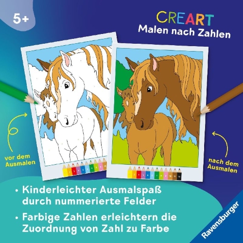 Buchcover und Innenansicht für das Buch: CreArt Malen nach Zahlen ab 5: Pferde