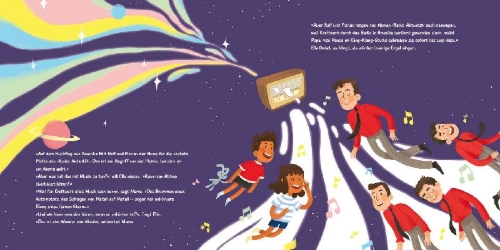 Buchcover und Innenansicht für das Buch: Ella & Ben und Kraftwerk - Von geheimen Studios, perfekten Doppelgängern und fernen Sternen