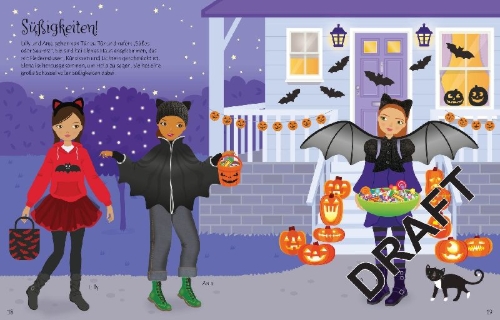 Buchcover und Innenansicht für das Buch: Mein Anziehpuppen-Stickerbuch: Halloween