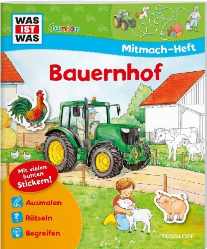 Buchcover und Innenansicht für das Buch: WAS IST WAS Junior Mitmach-Heft Bauernhof