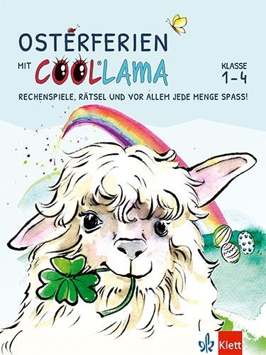 Buchcover und Innenansicht für das Buch: Osterferien mit Coollama. Rechenspiele, Rätsel und vor allem jede Menge Spaß!