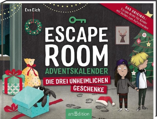 Buchcover und Innenansicht für das Buch: Escape Room Adventskalender. Die drei unheimlichen Geschenke