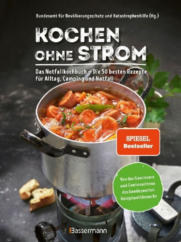 Buchcover und Innenansicht für das Buch: Kochen ohne Strom - Das Notfallkochbuch - Die 50 besten Rezepte für Alltag, Camping und Notfall