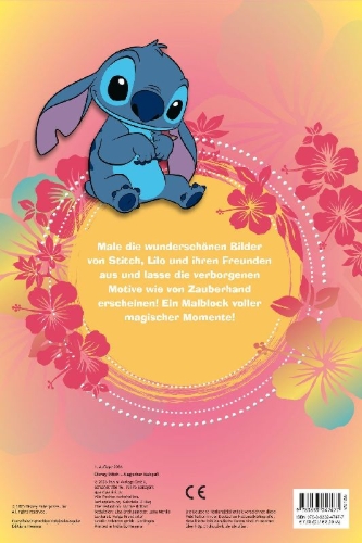 Buchcover und Innenansicht für das Buch: Disney Stitch - Coloriage surprise - Colorie et découvre les motifs, c'est magique !